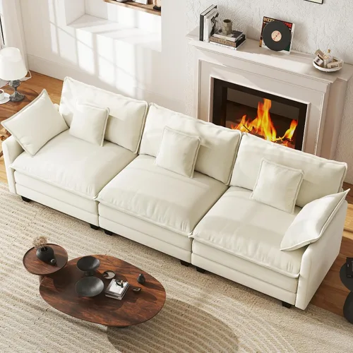 Vista 7 de Sofá de nube en forma de L de 77 pulgadas, sofá modular con otomana, cómodo sofá biplaza de felpilla con almohada para sala de estar, dormitorio