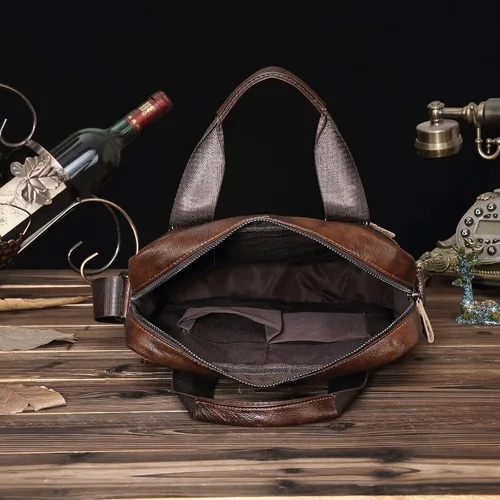 Vista 4 de Bolso de hombro de cuero genuino para hombres, bandolera ajustable con caja de regalo