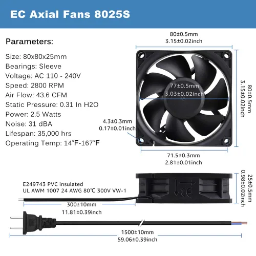 Vista 6 de GDSTIME EC AXIAL 8025, ventilador de magdalenas 110 V 115 V 120 V 220 V 240 V CA 3.150 in x 0.984 in pequeño ventilador de refrigeración sin
