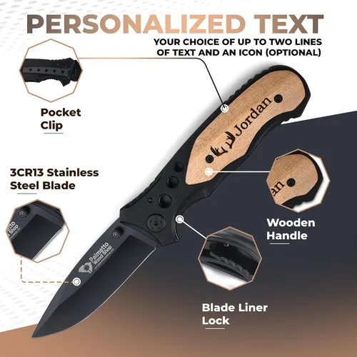 Vista 2 de Palmetto Wood Shop - Cuchillo de bolsillo grabado con láser, regalo para hombres 3.25" Stainless Steel Blade, Real Wood Handle, Personalized Text