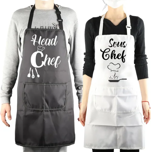 Vista 2 de MBMSO Delantales de chef y sous chef, delantales familiares a juego con bolsillos, para mamá, papá, hijo, hija, delantal de cocina, regalo