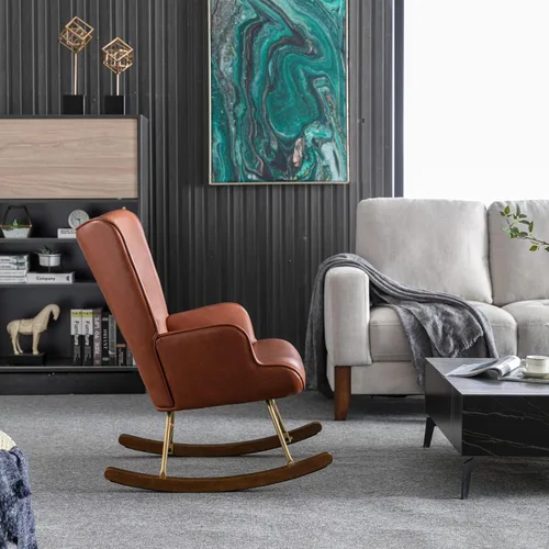Vista 8 de DOGNNAK Mecedora de cuero marrón con respaldo copetudo con base de madera maciza, respaldo alto cómodo, sillón de ocio para sala de estar y Mecedora