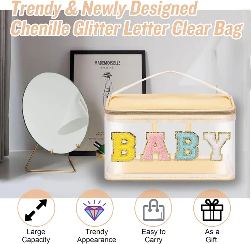 Vista 9 de izuzta Bolsas de maquillaje transparentes con letras de chenilla, bolsa de maquillaje de parche preppy con asa