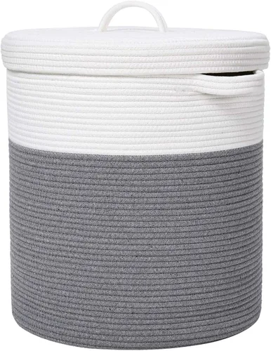 Vista 13 de Cesta de almacenamiento extra grande de 16" x 16" x 18" con tapa, cestas de almacenamiento de cuerda de algodón, canasta de lavandería, contenedor