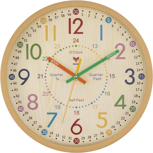 Vista 12 de Foxtop Silent Kids - Reloj de pared de aprendizaje de 12 pulgadas, sin tictac, funciona con pilas, colorido reloj para niños
