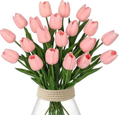 Vista 9 de 24 tulipanes rosas – Flores artificiales – Tulipanes artificiales de 13.5 pulgadas para el día de la madre, jarrón, centros de mesa, hogar, ramo