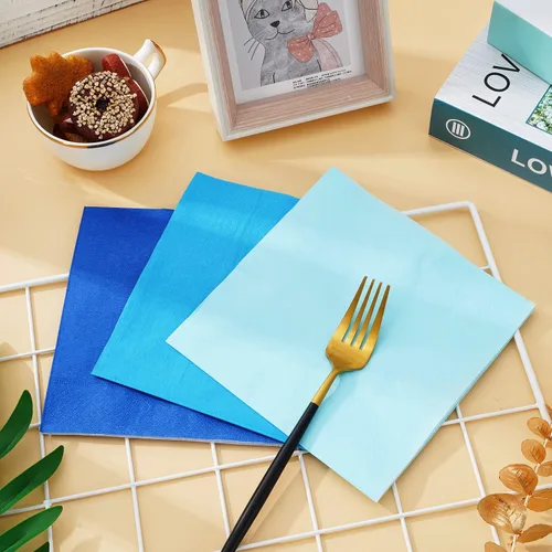 Vista 5 de Whaline Paquete de 150 Servilletas de Papel Azules de 6.5 x 6.5 Pulgadas, 3 Colores, Servilletas de Almuerzo con Temática Azul, Servilletas de Papel