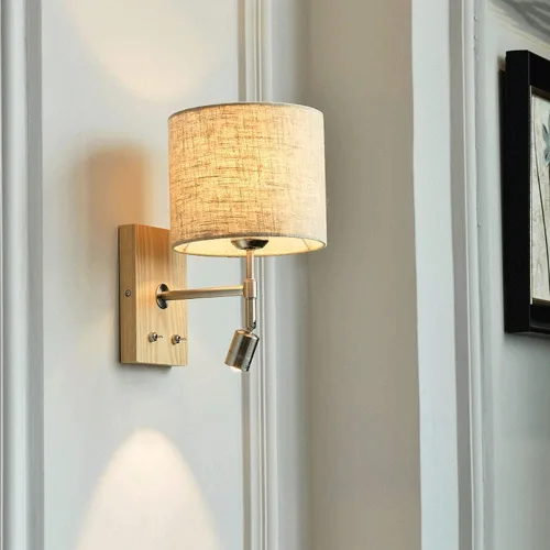 Vista 2 de Renter Friendly Farmhouse Rustic Wood Wall Sconce Fabric Shade LED Reading Light with On Off Switch Hardwired Vintage Bedroom Mount Lamp for Bedside