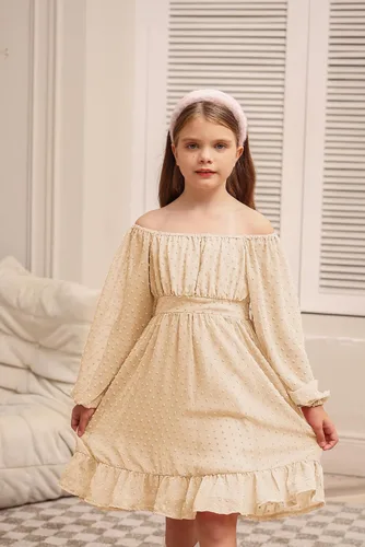Vista 4 de GRACE KARIN Vestido escalonado con volantes para niñas, vestido acampanado de manga larga con lunares suizos, 6-12 años