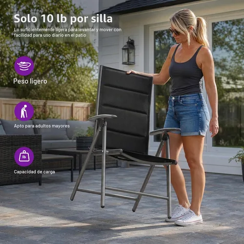 Vista 5 de PURPLE LEAF Juego de 2 sillas plegables para exteriores, asiento acolchado Negro