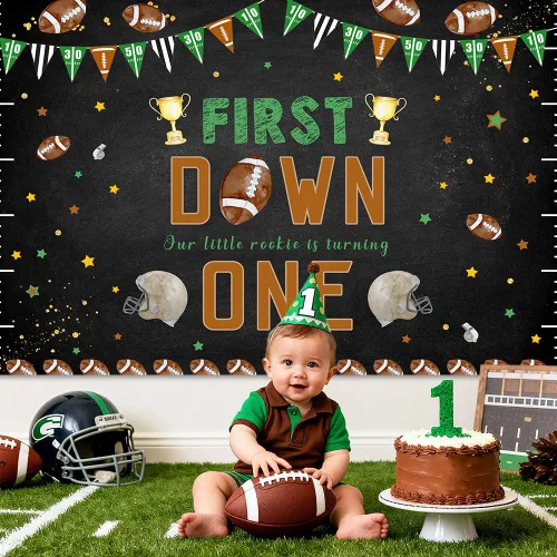 Vista 2 de AIBIIN Fondo de fútbol de 7 x 5 pies con temática de fútbol para el primer cumpleaños de niño, decoraciones de fiesta de cumpleaños con texto