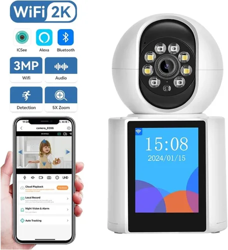 Vista 2 de Cámara PTZ WiFi de 3 MP con pantalla de visualización de 2.8 pulgadas, audio bidireccional y videollamada con un clic, cámara de seguridad EU Enchufe