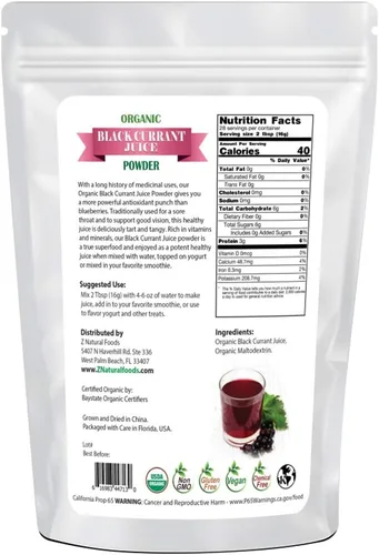 Vista 2 de Z Natural Foods Polvo de Jugo Orgánico de Grosella Negra, Suplemento de Bayas Superalimento, Mezcla en Licuados, Batidos, Té, Recetas de Cocina