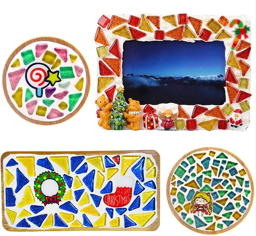Vista 2 de Azulejos de mosaico para manualidades, colores surtidos de vidrio con purpurina, suministros de mosaico, piezas a granel, cuadrados, triángulos