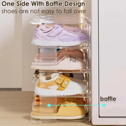 Vista 4 de Zapatero de acrílico para niños, 2 unidades, almacenamiento de zapatos para niños pequeños, 4 secciones, organizador de zapatos para bebés
