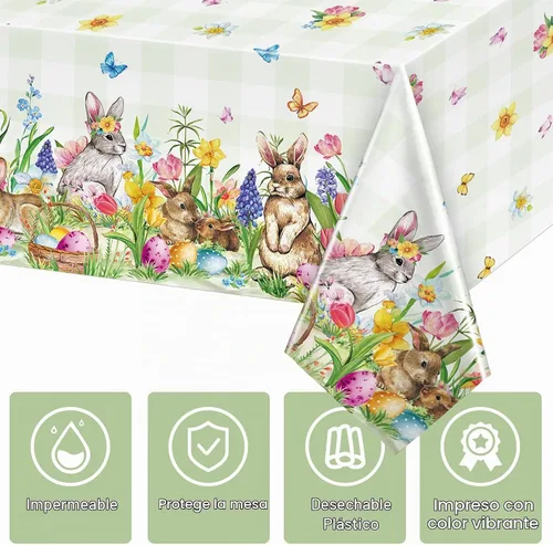 Vista 3 de Riakrum Mantel de Pascua rectangular de plástico con huevos de conejo, mantel floral para decoración y suministros de fiesta de Pascua, primavera