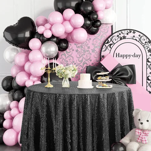Vista 2 de Pufogu Mantel redondo de lentejuelas negras de 50 pulgadas con purpurina negra para decoración de cumpleaños, boda, despedida de soltera, baby Negro