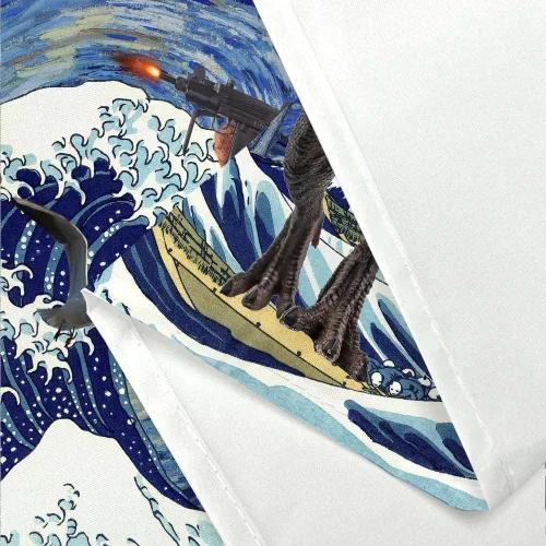 Vista 6 de Divertido juego de cortina de ducha con diseño de gato, dinosaurio japonés con ondas oceánicas, cortinas de baño divertidas para niños, decoración
