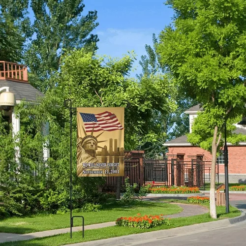 Vista 6 de Bandera de jardín con texto en inglés "We Will Never Forget 9-11" de 12.5 x 18 pulgadas, de doble cara, duradera, resistente a la decoloración