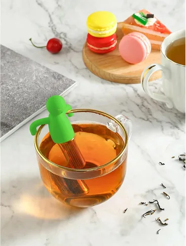Vista 10 de HIC Kitchen Infusor de té Leaf con bandeja de goteo, té de hierbas de hojas sueltas, acero inoxidable 18/8 y silicona, juego de 2