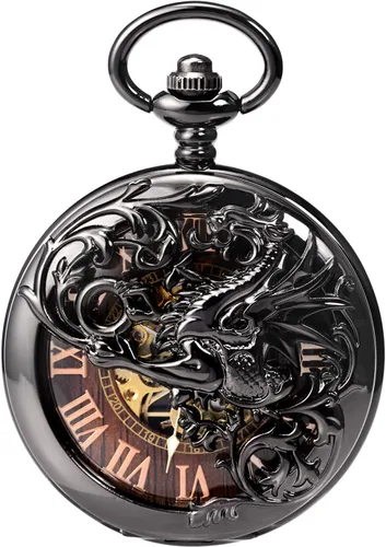 Vista 3 de Reloj de bolsillo mecánico de dragón antiguo con cadena