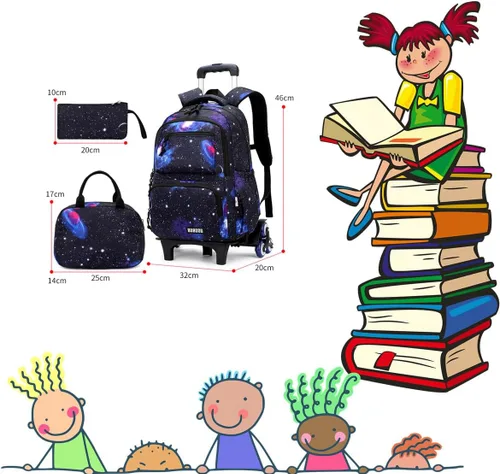 Vista 7 de VIDOSCLA Mochila con ruedas Galaxy School para estudiantes de primaria, Juego de mochila con ruedas Blue-galaxcy, Classic