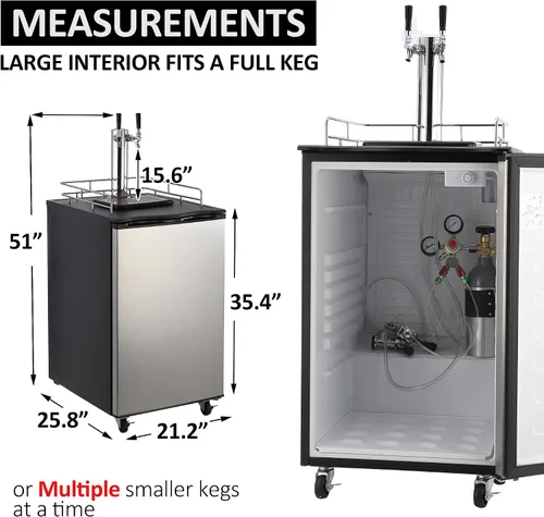 Vista 6 de Kegerator de cerveza, dispensador de cerveza de barril de doble grifo, enfriador de cerveza de tamaño completo y barril con estantes y bandeja