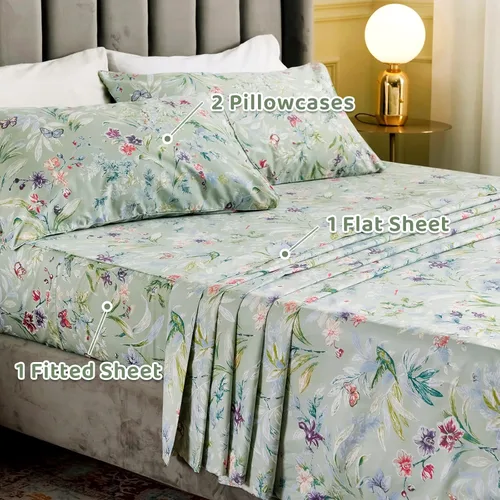 Vista 7 de QSH Juego de sábanas de tamaño individual 100% algodón egipcio, estampado de flores verdes con pájaros, mariposas y botánicas, lujo impreso, ropa
