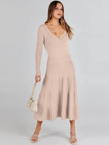 Vista 2 de ANRABESS Vestido midi cruzado tipo suéter para mujer, manga larga, cuello en V, cintura alta, acanalado, plisado, vestido acampanado