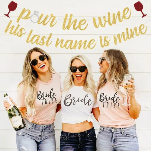 Vista 2 de Sursurprise Decoraciones de despedida de soltera de vino, cartel con texto en inglés «Pour the Wine His Last Name Is Mine» para bodega, despedida