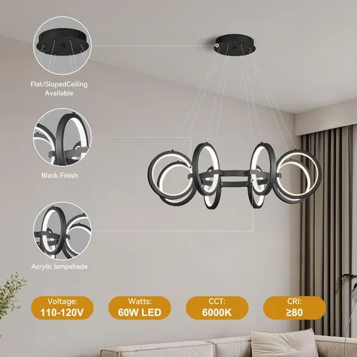 Vista 8 de Moderno candelabro LED regulable redondo, lámparas colgantes de 8 anillos, lámparas colgantes ajustables para cocina, isla, sala de estar, comedor