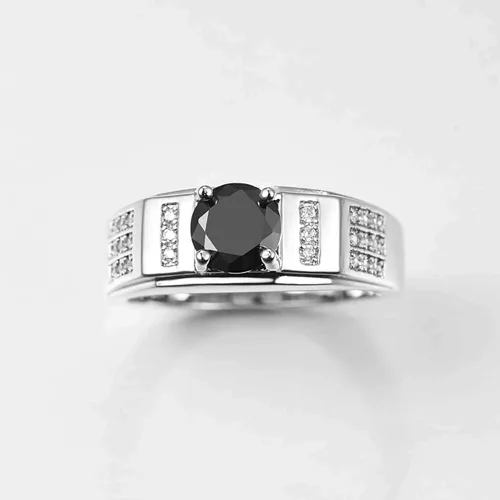 Vista 2 de Anillo de plata de ley 925 con relleno de corte redondo, topacio negro de imitación, anillo de compromiso de boda de alto pulido para mujer