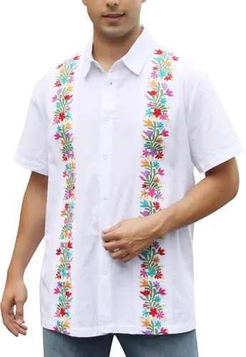 Vista 15 de Camisas mexicanas para hombre, camisa de manga corta bordada con botones y cuello de guayabera tradicional Alebriges Negro