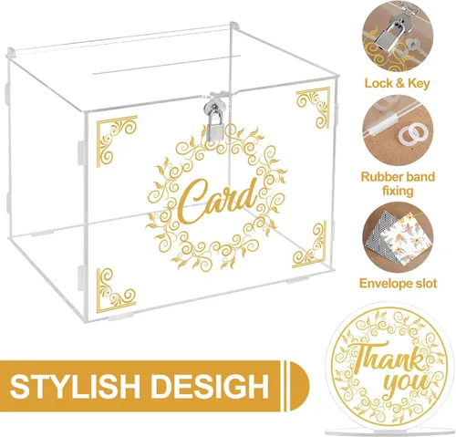 Vista 3 de Ywlake Caja de tarjetas de boda de acrílico con cerradura y ranura, soporte para caja de regalo para dinero en efectivo, cajas transparentes