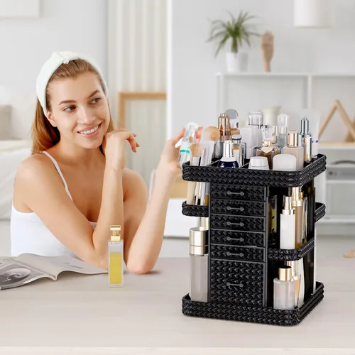 Vista 8 de Organizador de maquillaje giratorio de 360 grados para tocador, organizador grande para el cuidado de la piel con 6 cajones, organizador