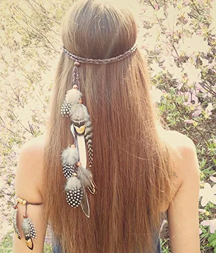 Vista 2 de Juego de 2 tocados hippies bohemios hechos a mano con plumas, tocado y brazalete, borlas de plumas indias gitanas, diadema para el cabello