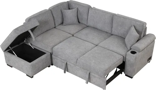 Vista 20 de LUMISOL Sofá cama convertible 3 en 1 de 55.9 pulgadas con puertos USB, portavasos, soporte giratorio y bolsillos de almacenamiento, sofá cama Gris