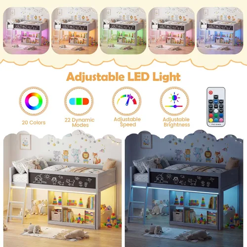Vista 3 de KOMFOTT Cama baja de tamaño individual con luces LED, marco de cama loft de madera para niños con escalera, barandilla de seguridad de longitud Gris