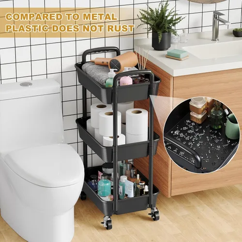 Vista 5 de Carrito rodante de 3 niveles con ruedas, carrito organizador de estantes de plástico negro de tres niveles con ruedas con cerradura, pequeño carrito