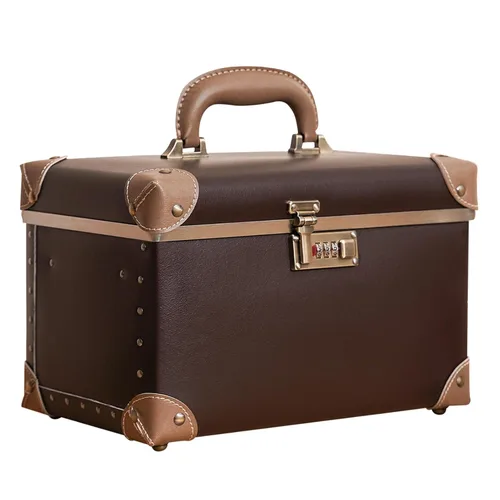 Vista 14 de urecity Estuche de maquillaje vintage de piel artificial, organizador profesional de cosméticos con cerradura de combinación de metal, caja