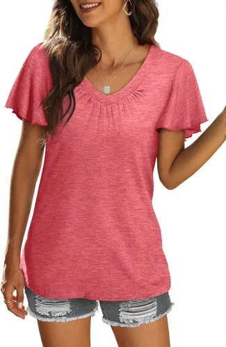 Vista 2 de SAMPEEL Camisetas de verano para mujer, estilo casual, con cuello en V, camisas de manga corta fluidas 2023 a la moda