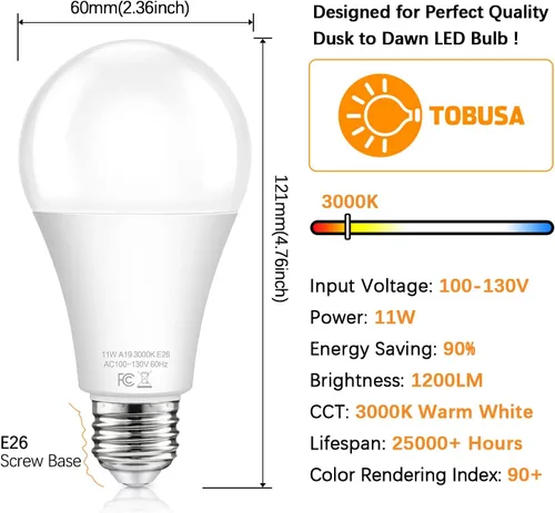Vista 6 de Bombillas con sensor A19 de anochecer a amanecer para exteriores equivalentes a 100 W, bombillas LED de encendido/apagado automático de 11 W, blanco