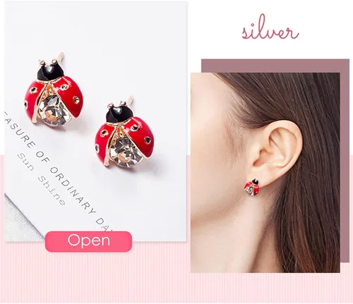 Vista 5 de 2 pares de pendientes de mariquita con circonita cúbica para mujer, diseño de insectos y mariquitas, diseño de lunares, color negro, rojo
