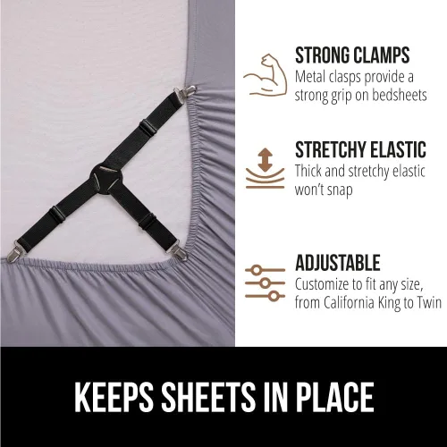 Vista 4 de GORILLA GRIP Sujetadores de Sábanas con Patente Pendiente, Sujetadores Elásticos Ajustables con Clips de Metal, Correas de Ropa de Cama Ajustada que