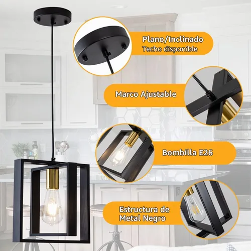 Vista 4 de Lámpara colgante negra de granja, candelabro pequeño de 1 luz, lámpara de comedor de madera con cable ajustable, luces colgantes para pasillo, isla
