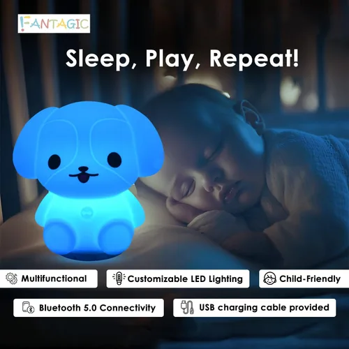 Vista 4 de Altavoz Bluetooth combinado y luz nocturna con 9 emisiones de color, silicona apta para niños y libre de BPA, recarga USB, recibe audio