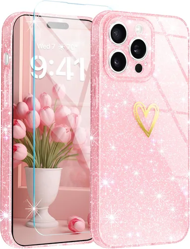 Vista 17 de Funda para iPhone 15, purpurina transparente con [1 protector de pantalla de vidrio templado] Funda protectora delgada y suave de silicona