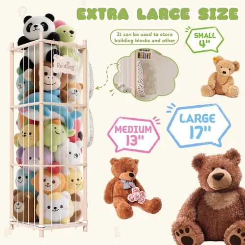 Vista 4 de Almacenamiento y organizador de animales de peluche, soporte de madera de 54 pulgadas de alto para juguetes de zoológico con bolsa de almacenamiento