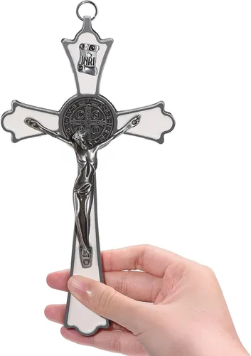 Vista 8 de Crucifijo de metal esmaltado de 8 pulgadas con cruz católica INRI para pared, decoración artística para dar bendición y lo sagrado espiritual: Negro