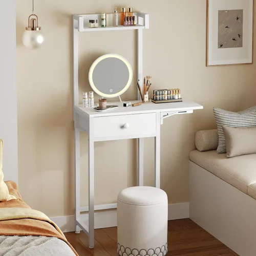 Vista 2 de YATINEY Escritorio pequeño sin espejo, mesa de tocador de maquillaje para espacios pequeños, tocador blanco compacto con panel plegable y cajón